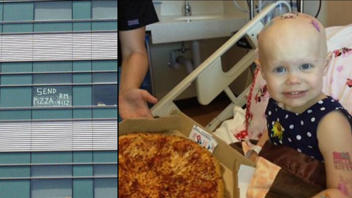 Hazel Hammersley, 2, fick oväntat besök av pizzor.